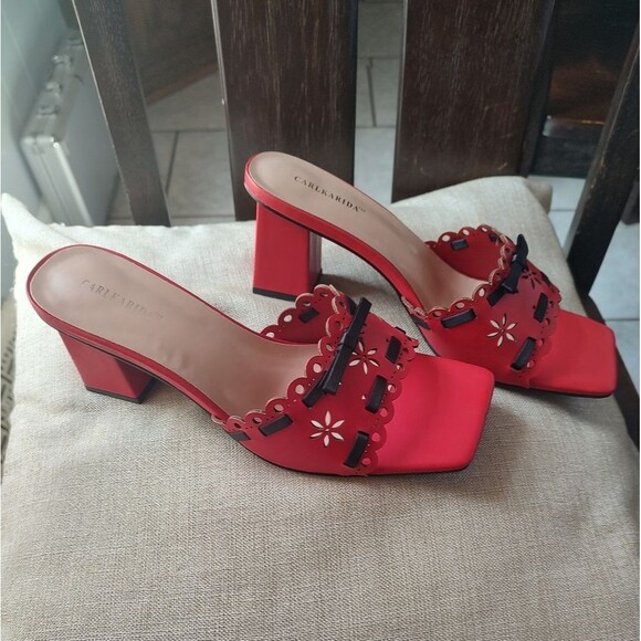 Carlkerida Red Cutout Filigree Block Heel Sandals with Black Bows – Size 8.5 NIB - Picture 3 of 9
